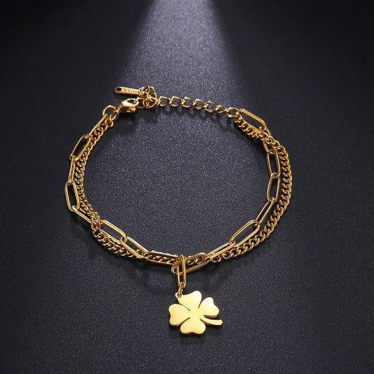 Cooltime Stainless Steel Four Leaf Clover Women's Bracelet on Hand Lover's Couple Bracelets Engagement Gift Jewelry 2023 New